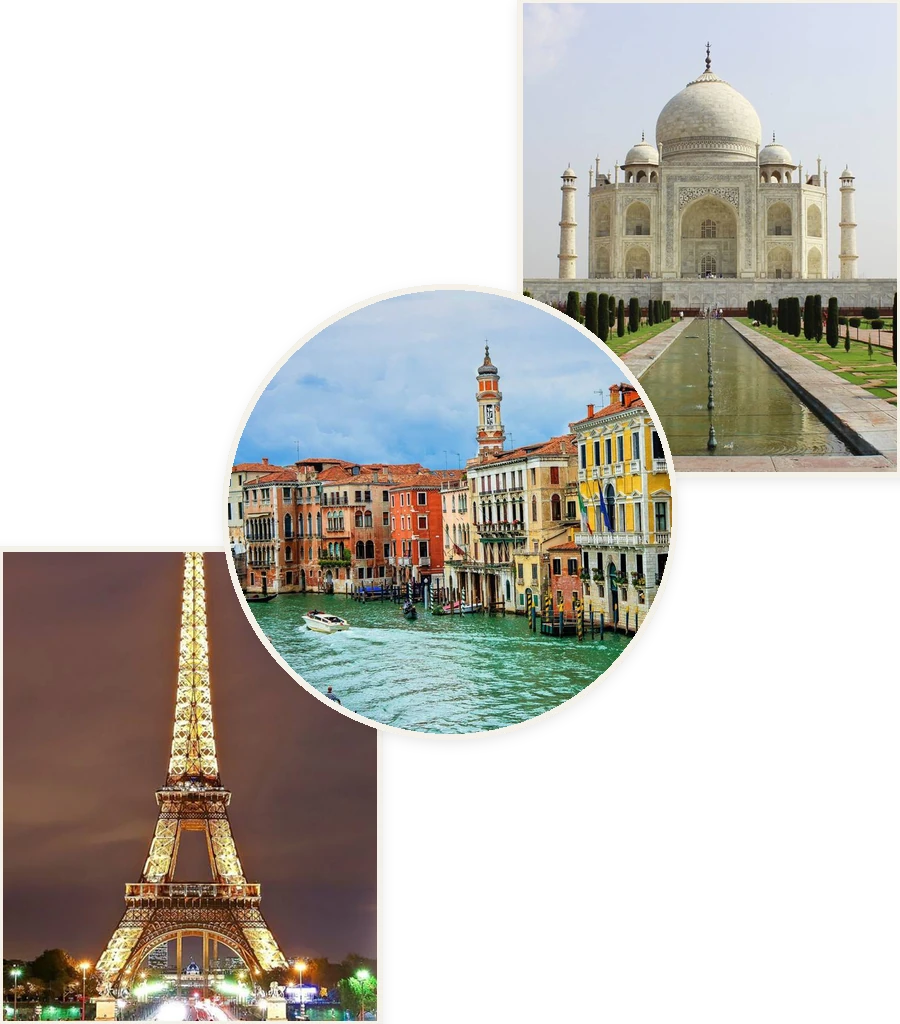 Travel collage: Taj Mahal, Venice and Eiffel Tower
