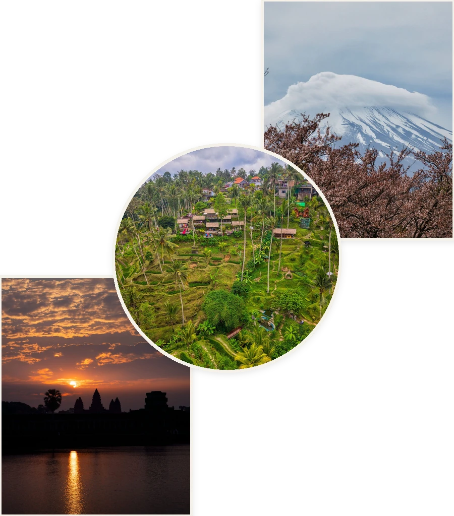 Travel collage: Mount Fuji, Bali rice terraces and Angkor Wat