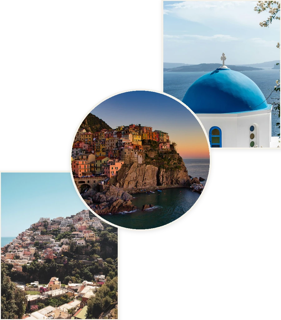 Travel collage: Santorini, Cinque Terre and Positano
