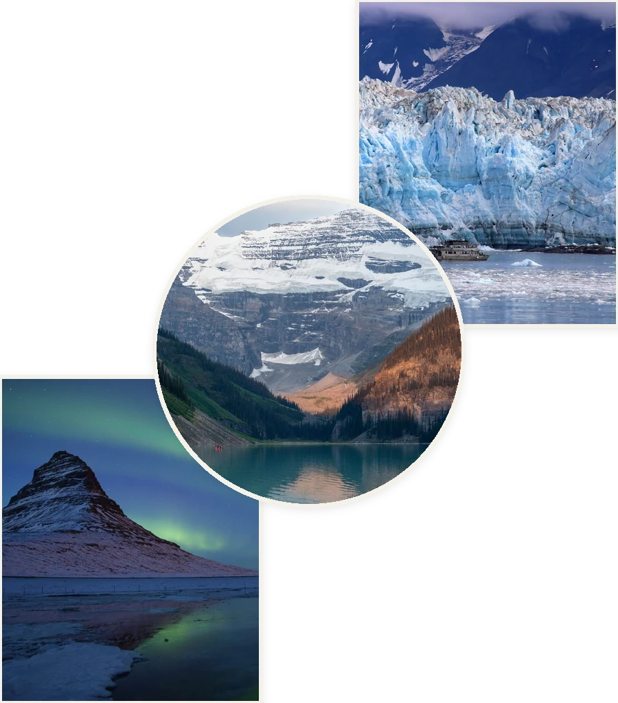 Travel collage: Hubbard Glacier, Lake Louise and Kirkjufell