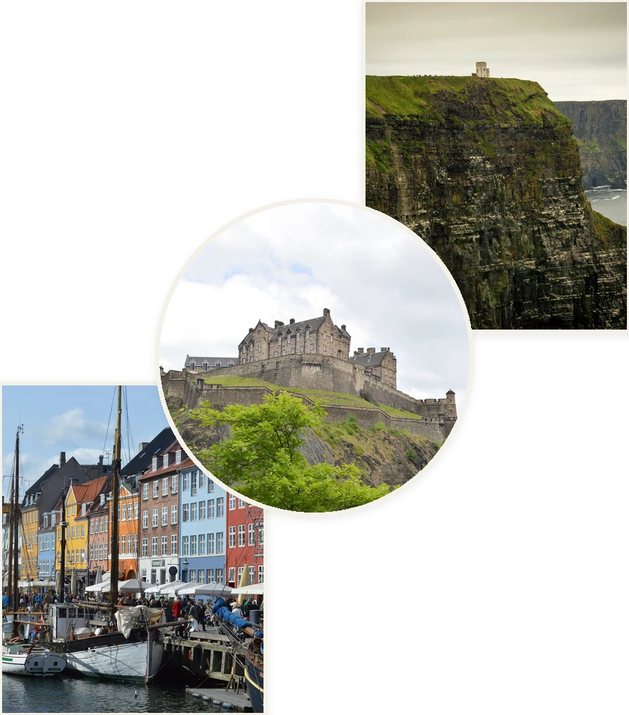 Travel collage: Cliffs of Moher, Edinburgh Castle and Nyhavn, Copenhagen