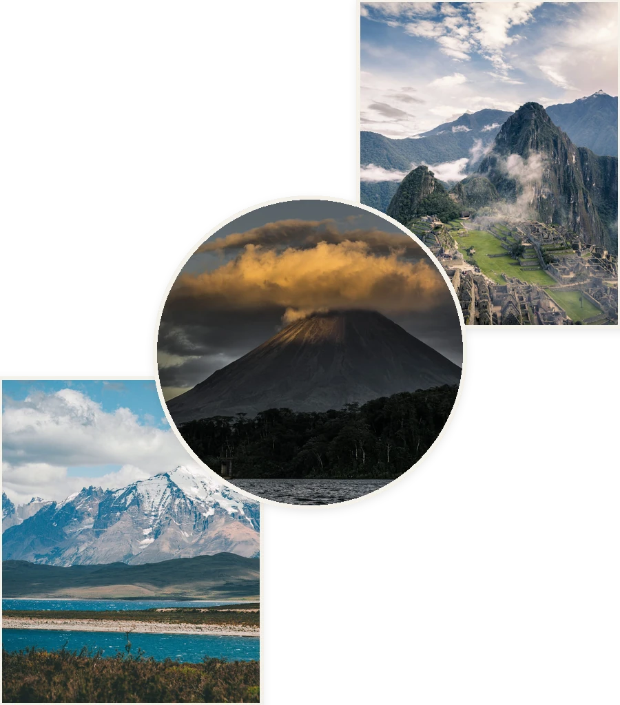 Travel collage: Machu Picchu, Arenal Volcano and Torres del Paine