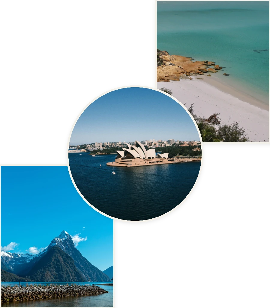 Travel collage: Whitsundays beach, Sydney Opera House and Milford Sound