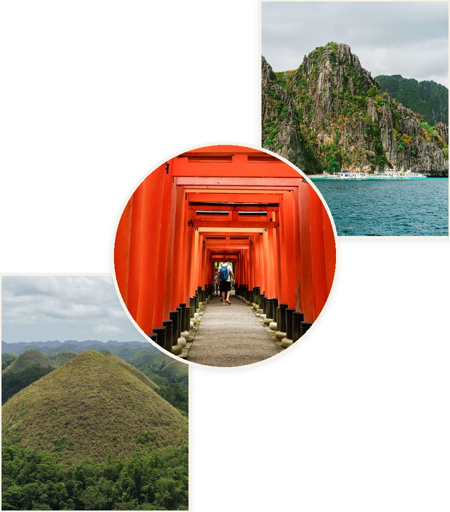 Travel collage: El Nido, Fushimi Inari and the Chocolate Hills