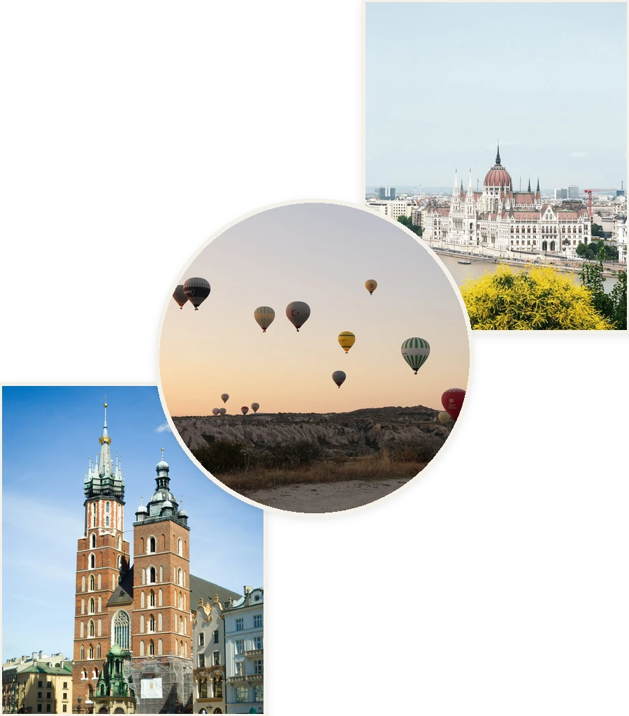 Travel collage: Budapest's Parliament, Cappadocia balloons and Kraków's St. Mary's Basilica