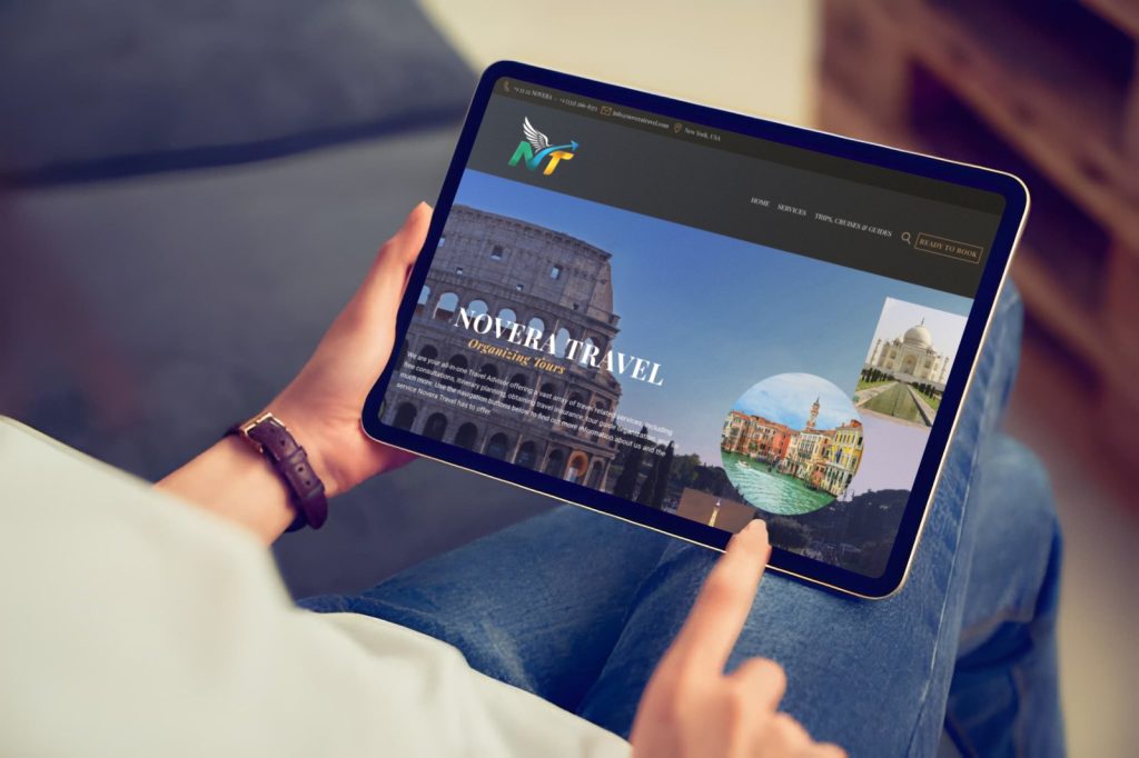 Tablet showing the Novera Travel website homepage